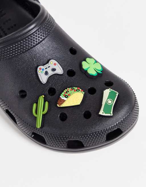 Black crocs on sale with pins