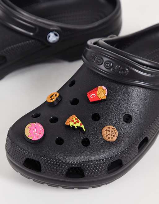 Black crocs customised with silver jibbitz💿