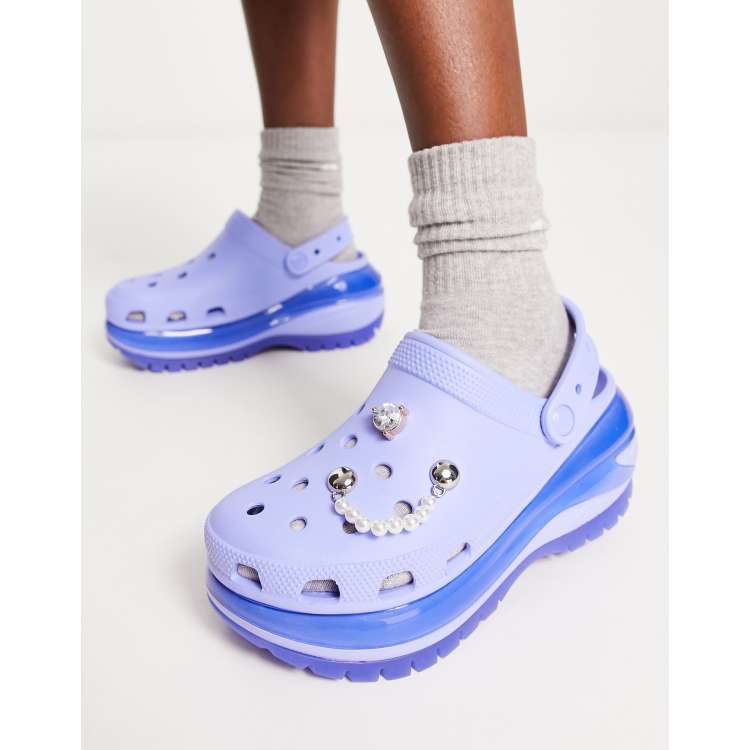 Purple and blue online crocs