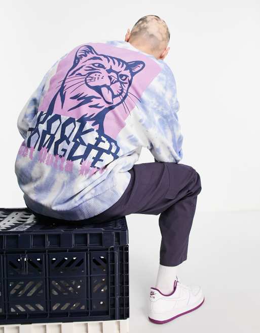 Crooked Tongues – Blå, batikfärgad sweatshirt med katt-tryck baktill