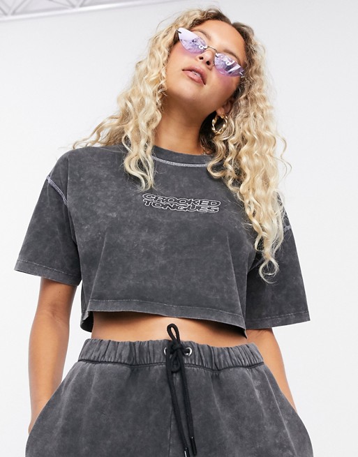 Crooked Tongues co-ord cropped t-shirt with logo in washed charcoal