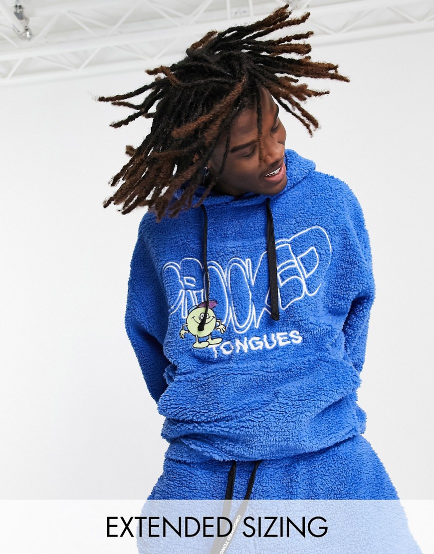 Crooked Tongues co-ord oversized hoodie in teddy borg with logo and character embroidery in blue