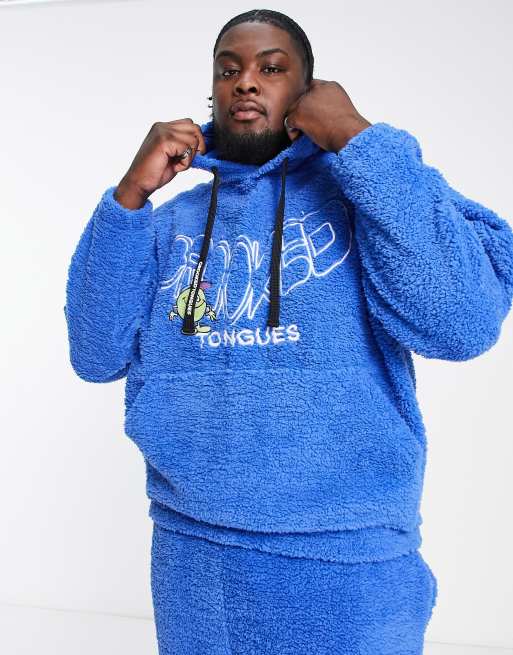 Crooked Tongues co-ord oversized hoodie in teddy borg with logo and  character embroidery in blue | ASOS