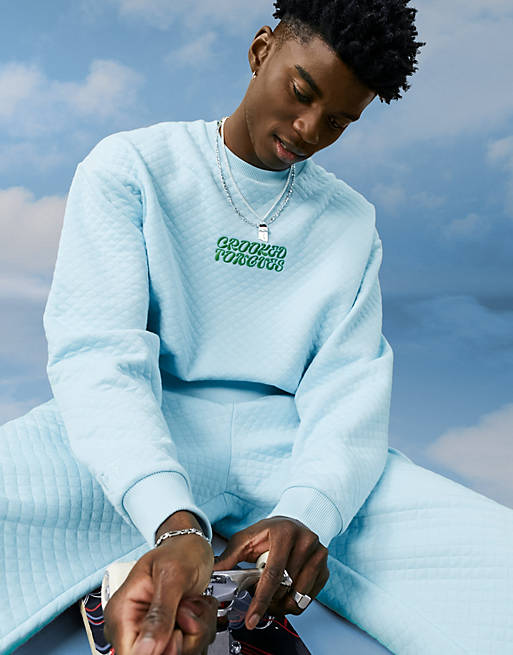 Crooked Tongues co-ord quilted sweatshirt in light blue