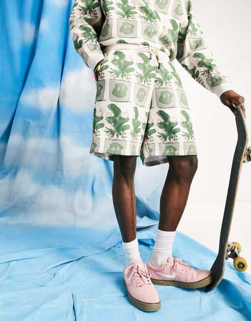 Crooked Tongues co-ord short with all over burning plant graphic in ecru