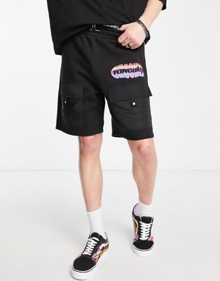 Crooked Tongues co ord shorts with utility pockets and logo print in black