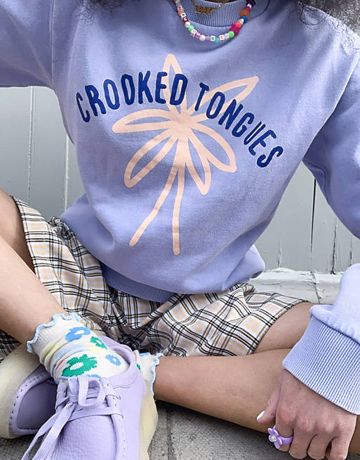 Hoodies & Sweatshirts Crooked Tongues crew neck sweatshirt with print in washed lilac 