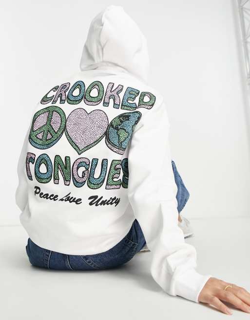 Crooked Tongues Felpa Con Cappuccio Oversize Bianca Con Grafica Con