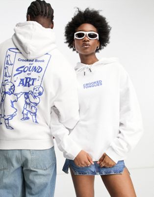 Crooked Tongues unisex oversized hoodie with blue sound art character back graphic print in white - ASOS Price Checker