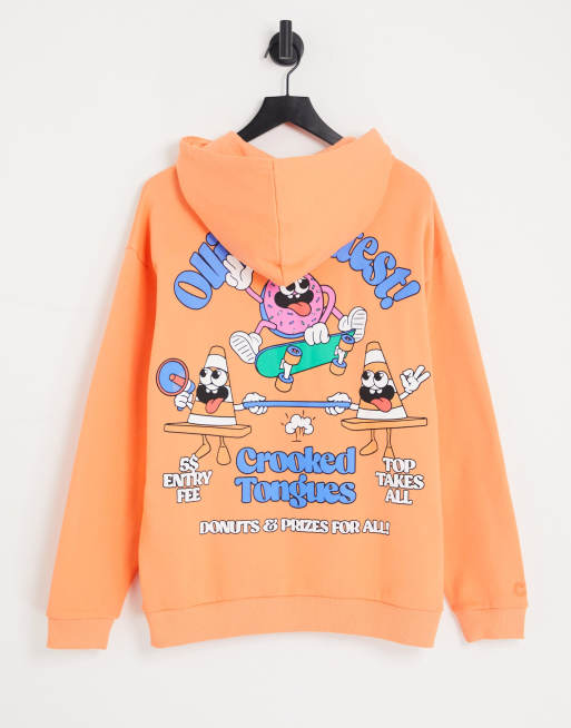 Crooked Tongues - Felpa oversize arancione con cappuccio e stampa di Ollie Contest sul retro