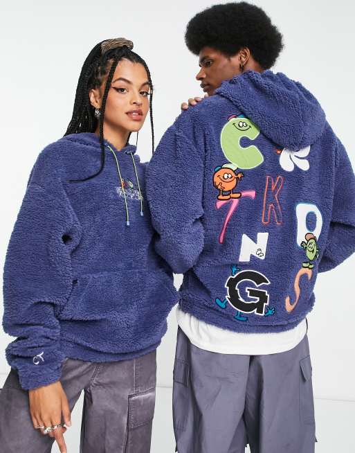 Crooked Tongues - Felpa unisex oversize con cappuccio in pile borg effetto peluche blu con logo ricamato sul retro