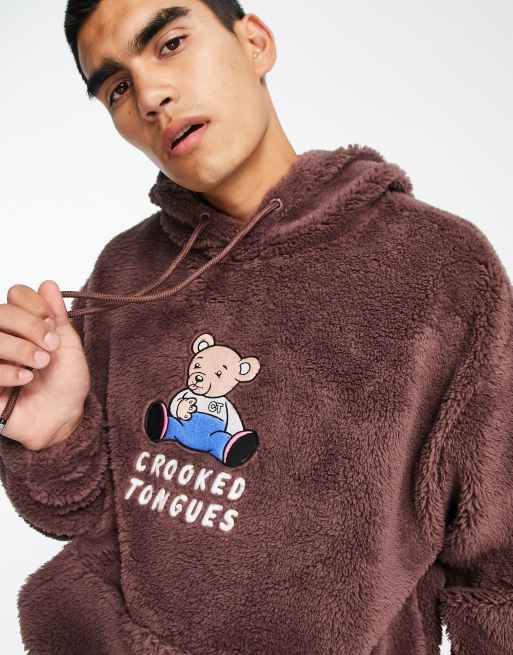 Crooked Tongues hoodie in teddy borg with bear applique in brown
