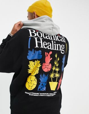 Crooked Tongues hoodie with botanic back print and contrast hood