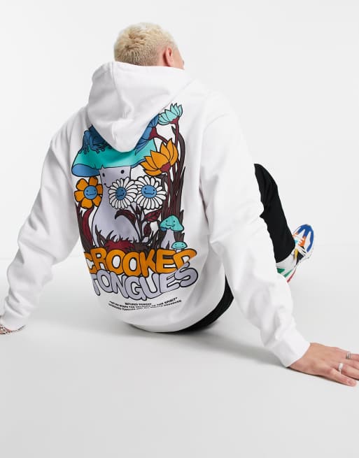 Crooked Tongues hoodie with mushroom back print in white