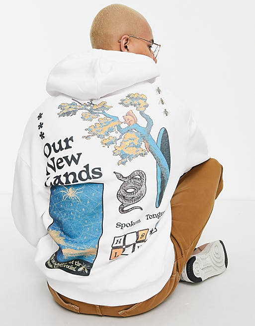 Crooked Tongues hoodie with our new lands back print in white
