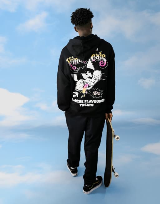 Crooked Tongues – Kapuzenpullover in Schwarz mit frechem Katzenprint, Kombiteil
