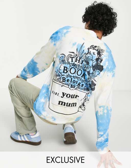 Crooked Tongues - Langærmet T-shirt med grafisk bogprint og batik 
