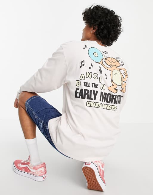Crooked Tongues long sleeve t-shirt with dancing till early morning print in beige
