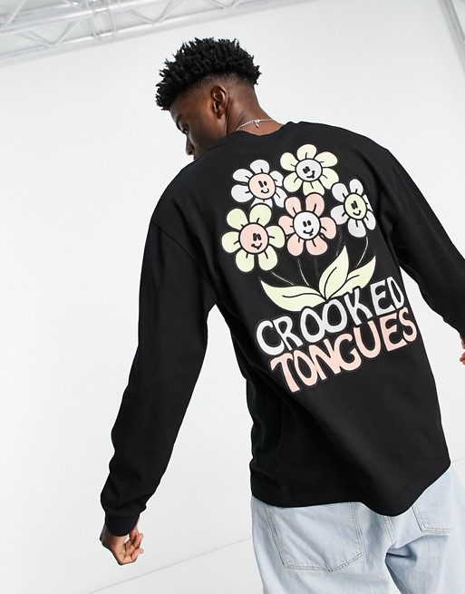 Crooked Tongues long sleeve t-shirt with flower print in Black