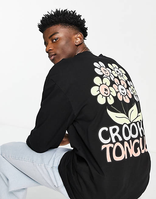 T-Shirts & Vests Crooked Tongues long sleeve t-shirt with flower print in Black 
