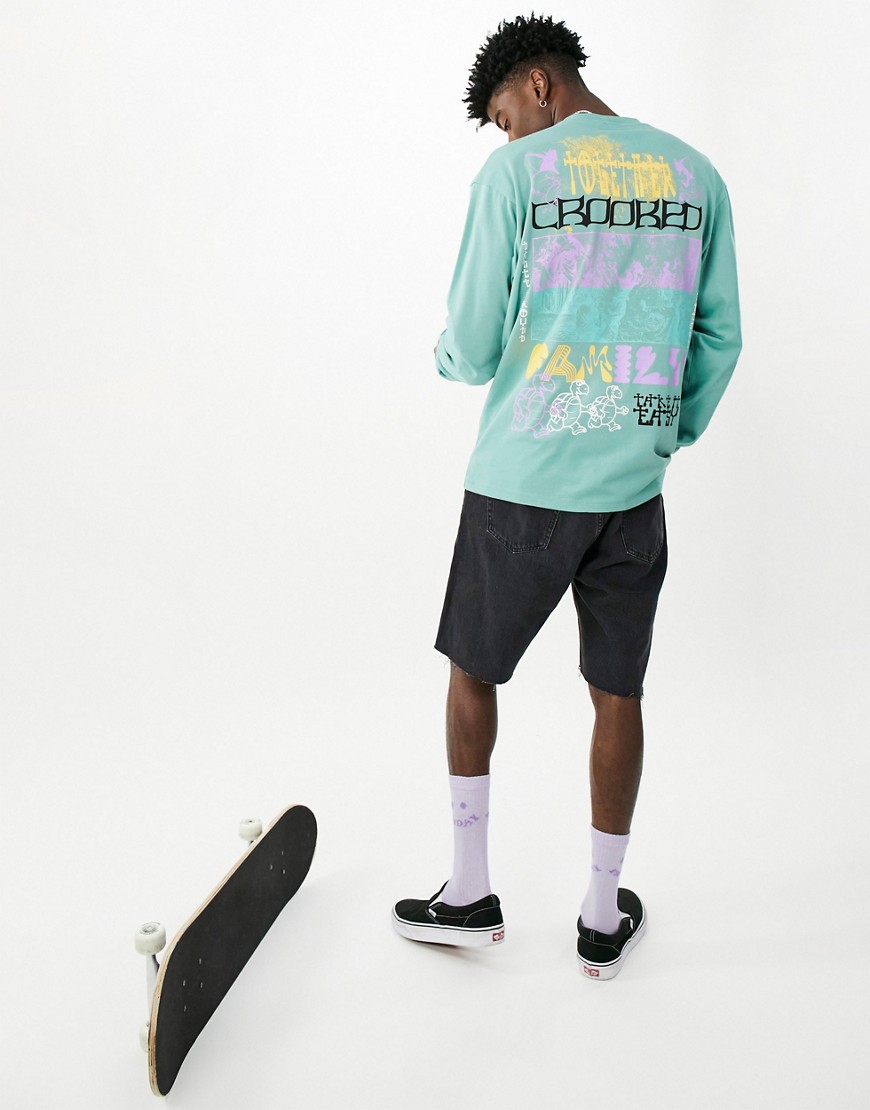 Crooked Tongues long sleeve t-shirt with multi prints in teal-Green