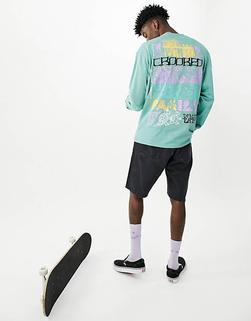 Crooked Tongues long sleeve t-shirt with multi prints in teal