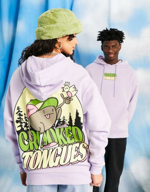 Crooked Tongues - Lyslilla unisex oversized hættetrøje med grafisk CT man-print bagpå