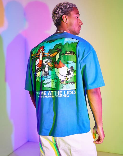 Crooked Tongues – Niebieski T-shirt oversize z nadrukiem kaczek Lido na plecach