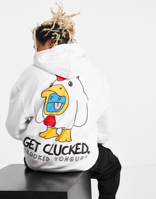 Crooked Tongues – Oversize-Kapuzenpullover in Weiß mit „Get Clucked“-Grafikprint