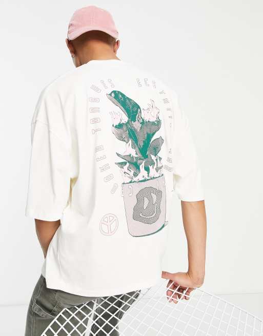 Crooked Tongues – Oversize-T-Shirt in Ecru mit Brennende-Pflanze-Print