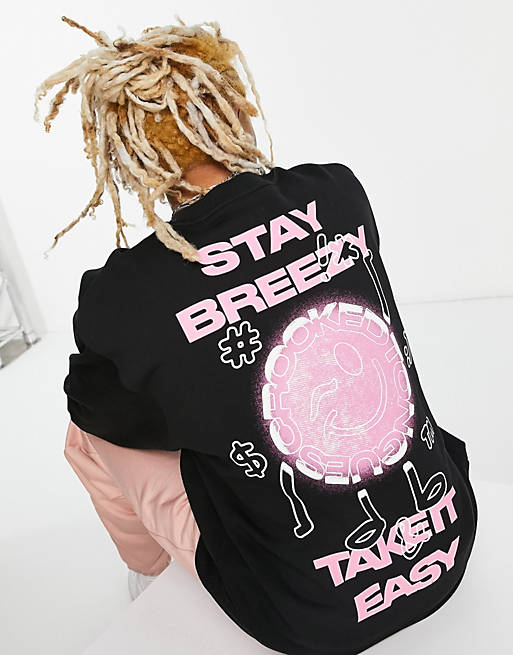 Crooked Tongues oversized crew with stay breezy print in black