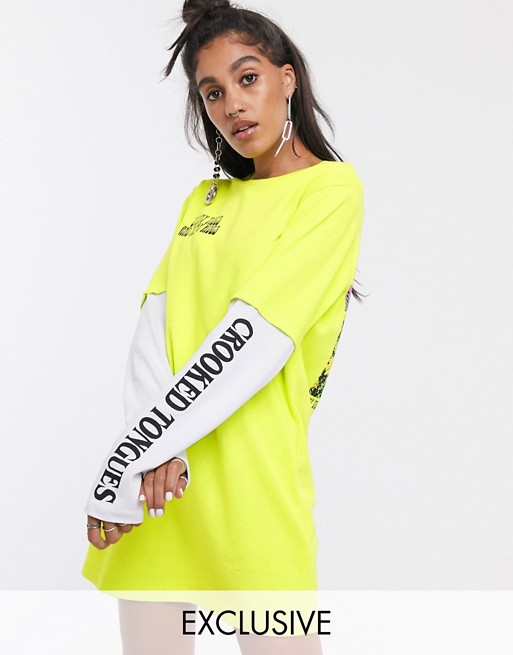 Crooked Tongues oversized double layer t-shirt dress with photographic back print