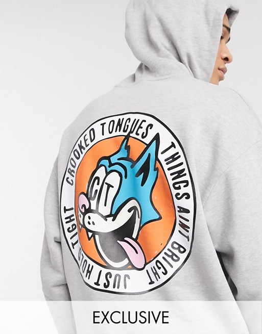 Crooked Tongues oversized hoodie in grey marl with back character print