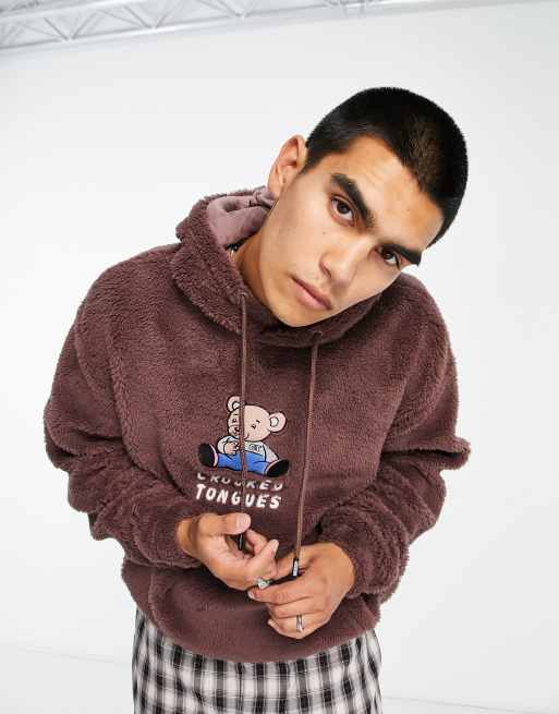 Crooked Tongues oversized hoodie in teddy borg with bear applique in brown  | ASOS