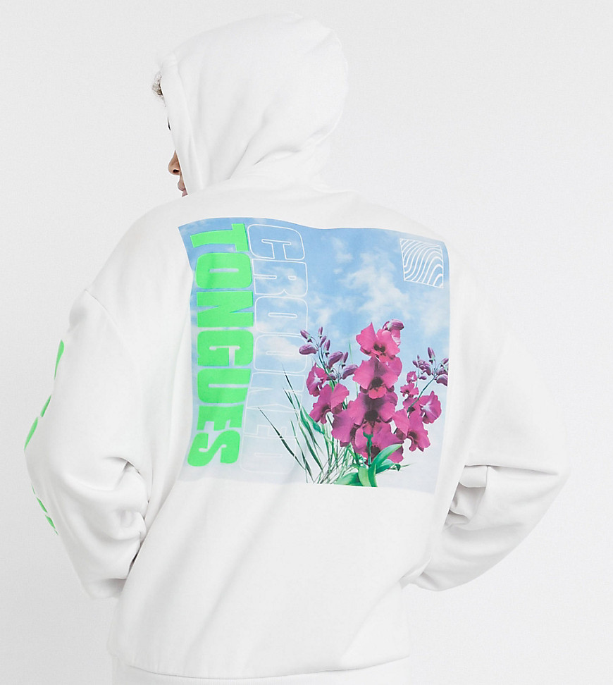 Crooked Tongues - Oversized hoodie in wit met fotoprint met bloem