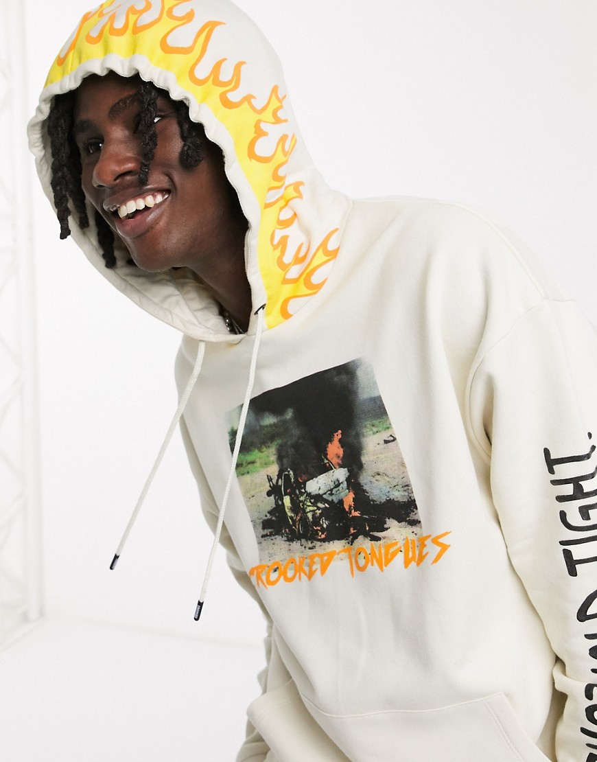 Crooked Tongues - Oversized hoodie met capuchon met vlammenprint in steenkleur-Kiezelkleurig
