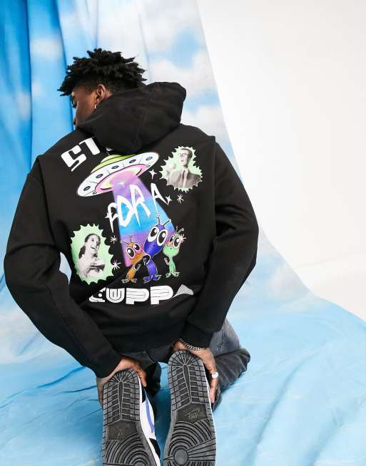 Crooked Tongues - Oversized hoodie met grafische buitenaardse print in zwart