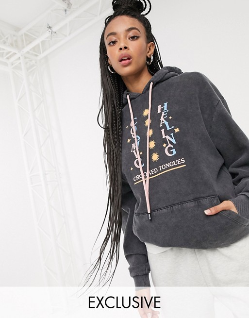 Crooked Tongues oversized hoodie with cosmic print