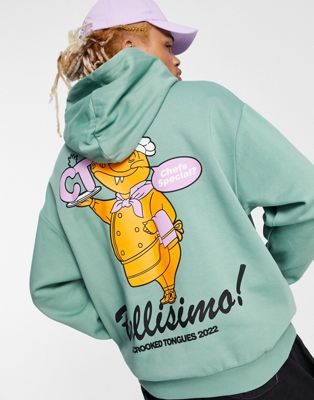 Crooked Tongues oversized hoodie with crocodile chef back print in green