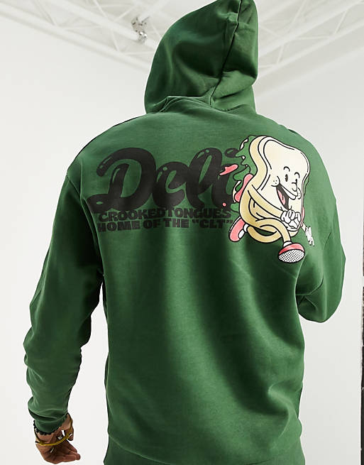 Crooked Tongues oversized hoodie with Deli graphic prints in green