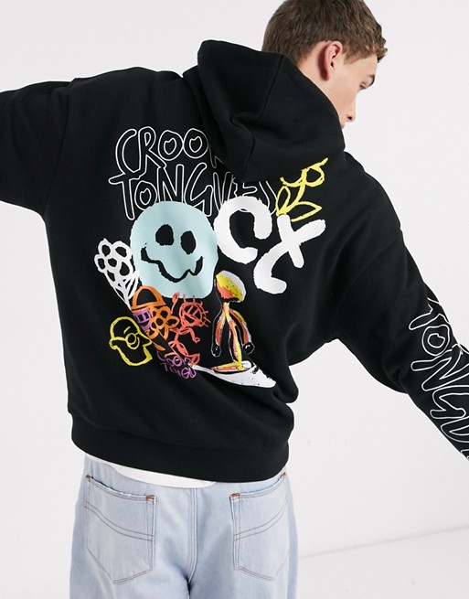 Crooked Tongues oversized hoodie with face print in black