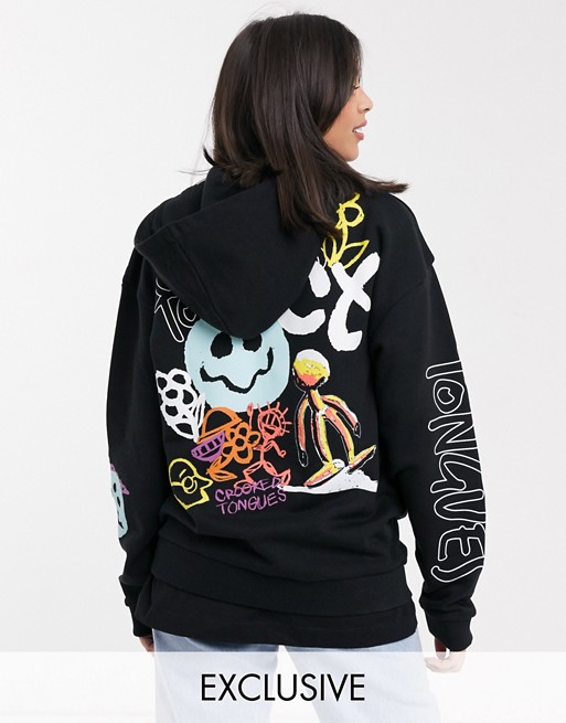 Crooked Tongues oversized hoodie with face print in black