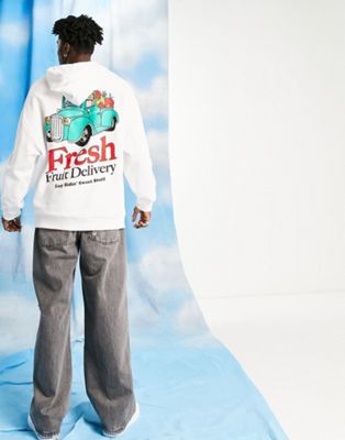 Crooked Tongues oversized hoodie with fresh fruit delivery graphic in white
