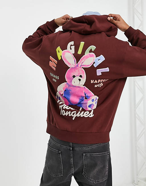Crooked Tongues oversized hoodie with magical teddy graphic print in dark red