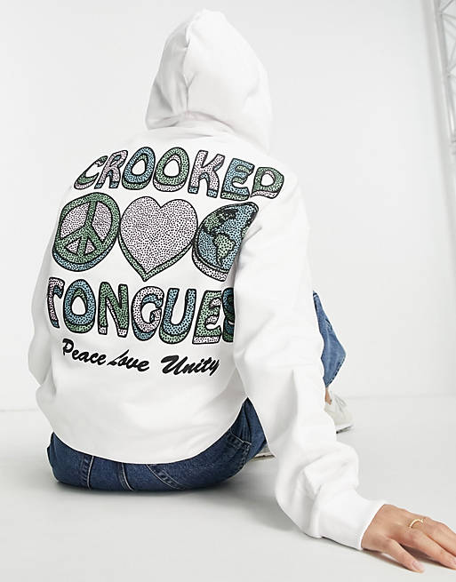 Crooked Tongues oversized hoodie with peace graphic in white