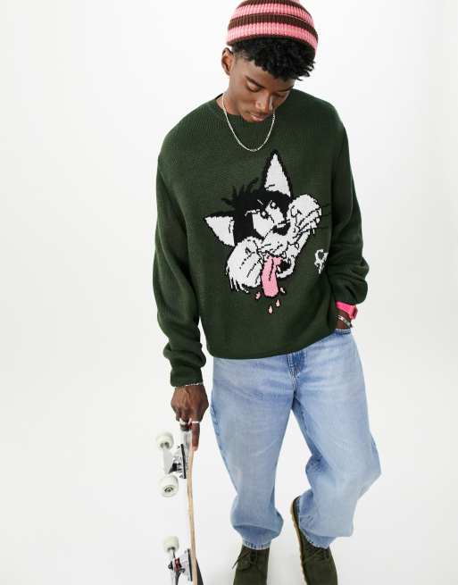 Crooked tongues oversized jumper with jacquard pattern in khaki