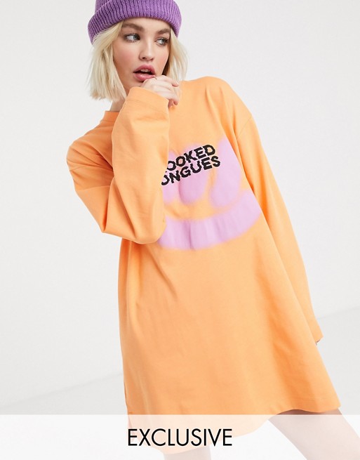Crooked Tongues oversized long sleeve t-shirt dress with face spray print