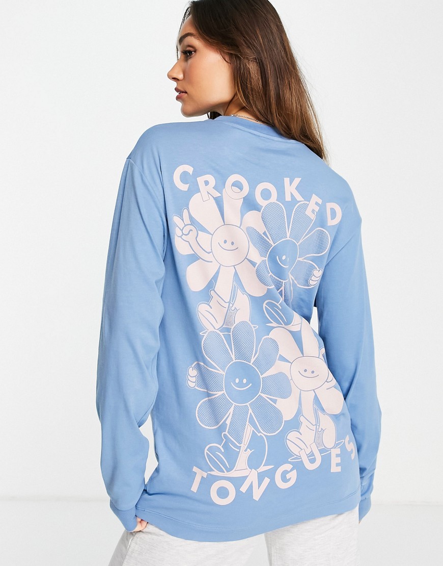 Crooked Tongues oversized long sleeve t-shirt with flower friends prints in washed blue-Blues