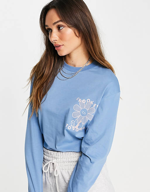  Crooked Tongues oversized long sleeve t-shirt with flower friends prints in washed blue 