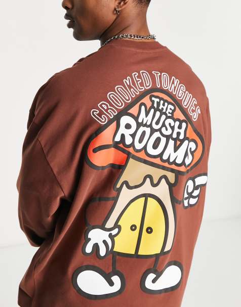 Crooked Tongues oversized long sleeve t-shirt with mushroom graphic print in brown - view 1